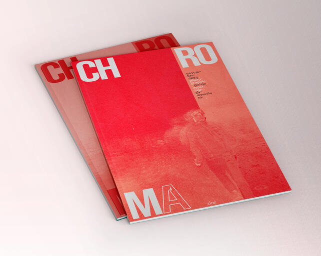 Concept – 2025 – Chroma Fanzine Couverture fictive. Tension entre typographies et image. Palette bichrome contrastée.