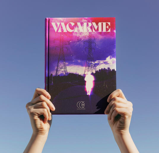 Concept – 2024 – Vacarme Couverture fictive de roman entre SF et thriller. Compositing photo, jeu sur lumière et textures, création de logo.