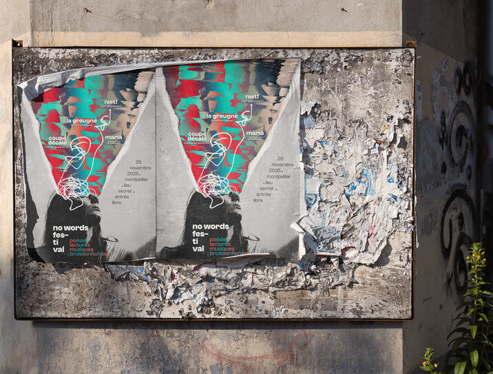 Concept – 2025 – No Words Festival Projet d’affiche A2 pour un festival de poésie et musique improvisée. Textures scannées/recomposées, motifs abstraits acryliques, compositing numérique.