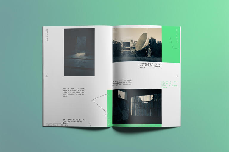 Maquette – 2025 – Bretxa Fanzine basé sur des photos personnelles (GX80, 50mm, N&B split-tone). Composition guidée par un trajet cartographié, GPS et courts textes. Travail sur la grille.