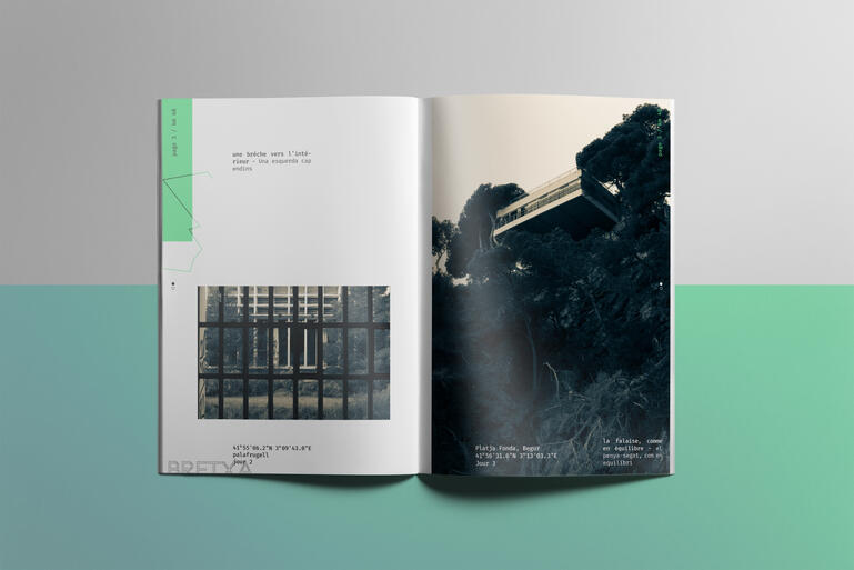 Maquette – 2025 – Bretxa Fanzine basé sur des photos personnelles (GX80, 50mm, N&amp;B split-tone). Composition guidée par un trajet cartographié, GPS et courts textes. Travail sur la grille.
